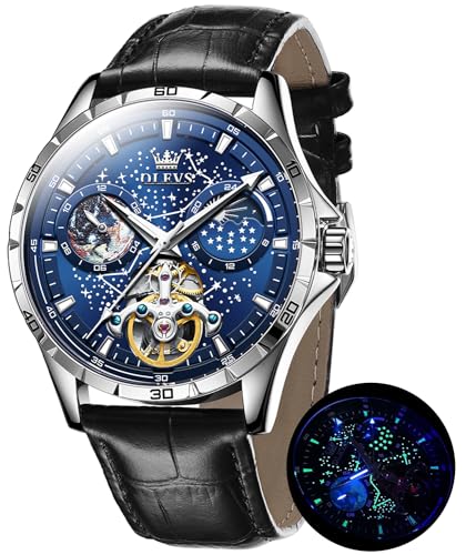 OLEVS 腕時計 メンズ かっこいい 星空 自動巻き 時計 機械式 高級 革ベルト スケルトン レザーベルト 紳士 防水 Watch for men ブルー……